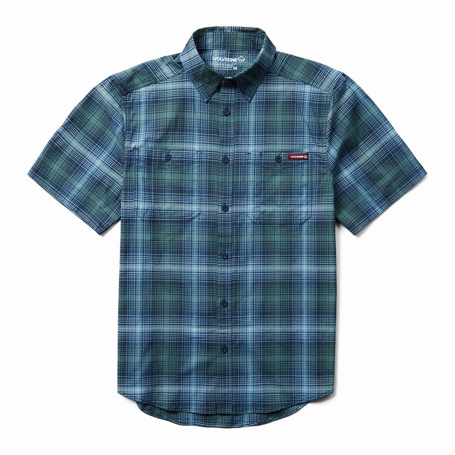 Blue Grey Wolverine Fuse Short Sleeve Plaid Men Shirts | DNJ8070SI