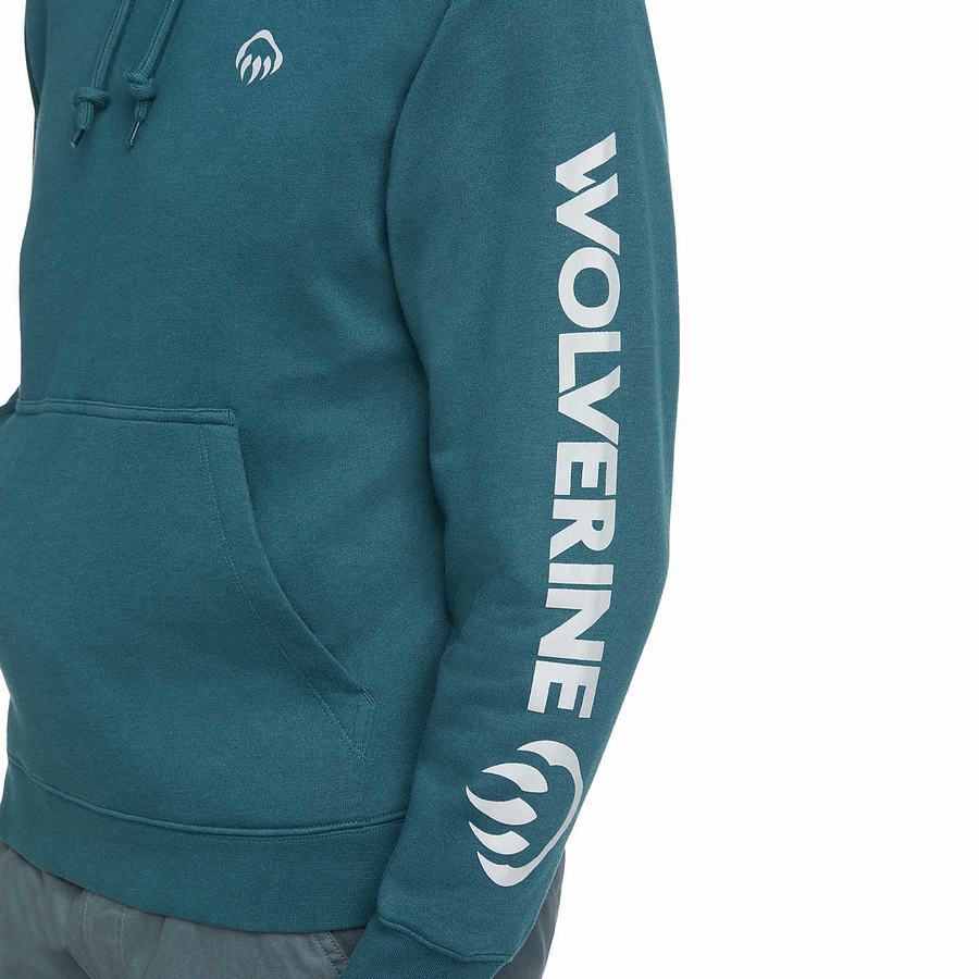 Blue Wolverine Graphic- Sleeve Logo Men Hoodie | PXH2476KF