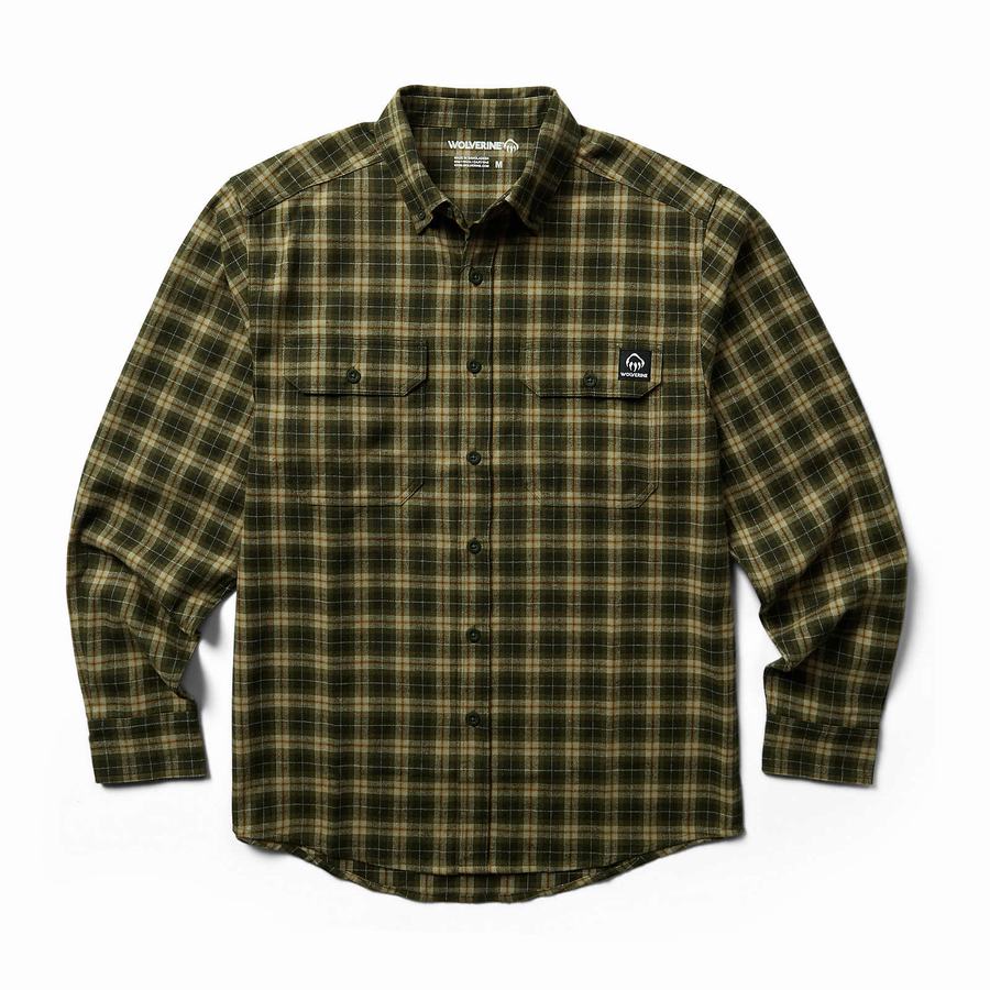 Dark Green Wolverine Glacier Midweight Long Sleeve Flannel Men Shirts | EDF8815CY