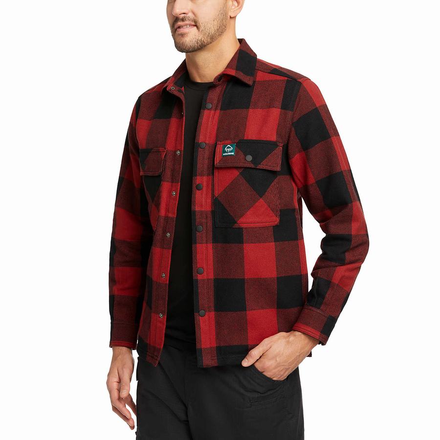 Dark Red Black Wolverine Forge Flannel Overshirt Men Shirts | YTX3169FX