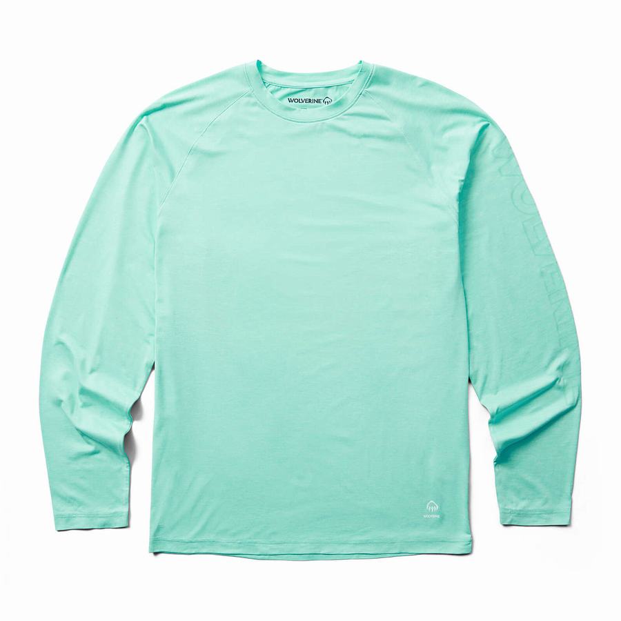 Green Wolverine Sun-Stop Long Sleeve Crew Men T Shirts | FEJ3933WG