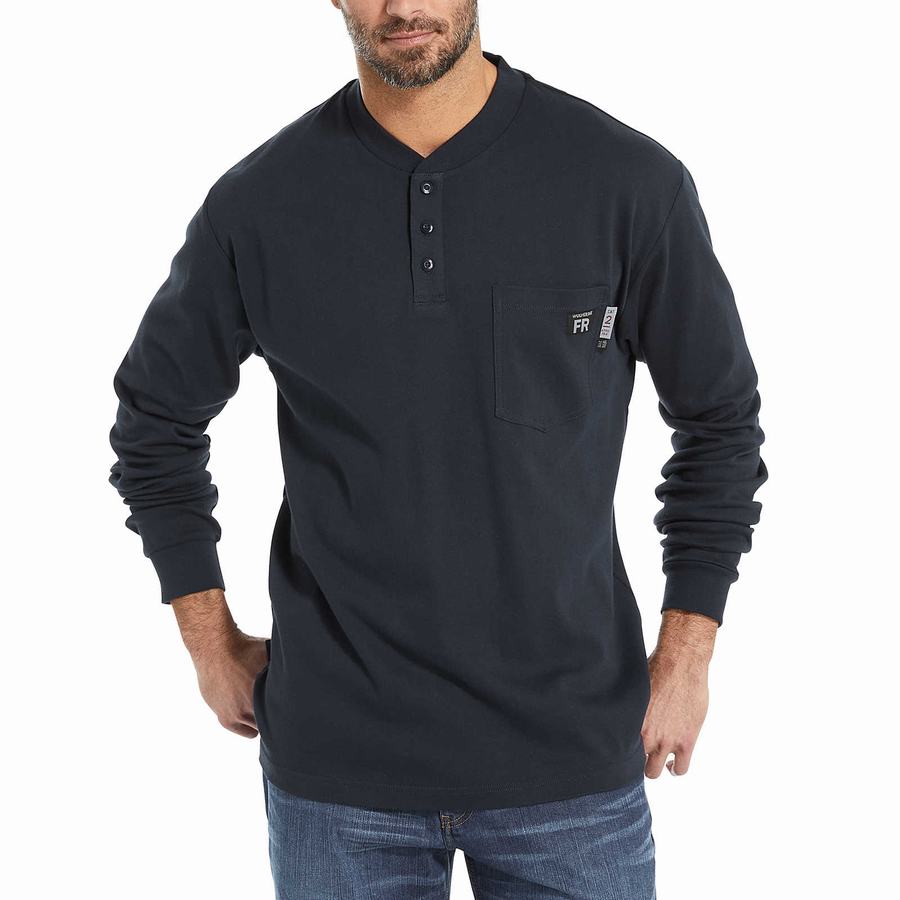 Navy Wolverine FR Long Sleeve Henley Men T Shirts | AVN172WP