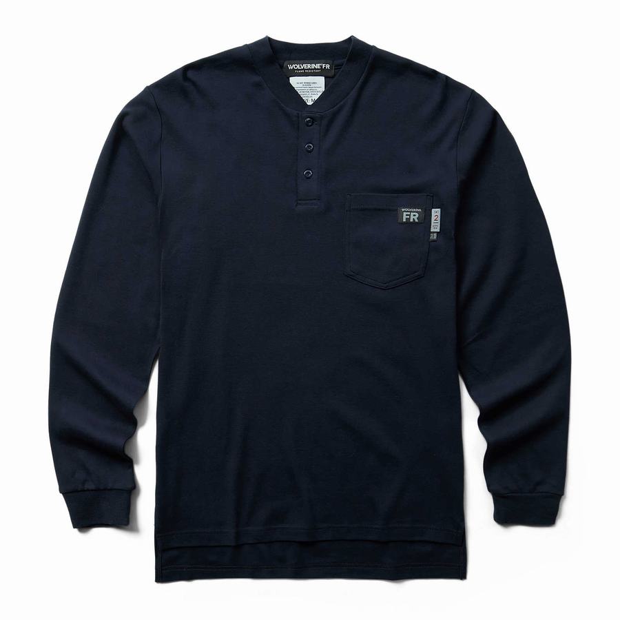 Navy Wolverine FR Long Sleeve Henley Men T Shirts | AVN172WP