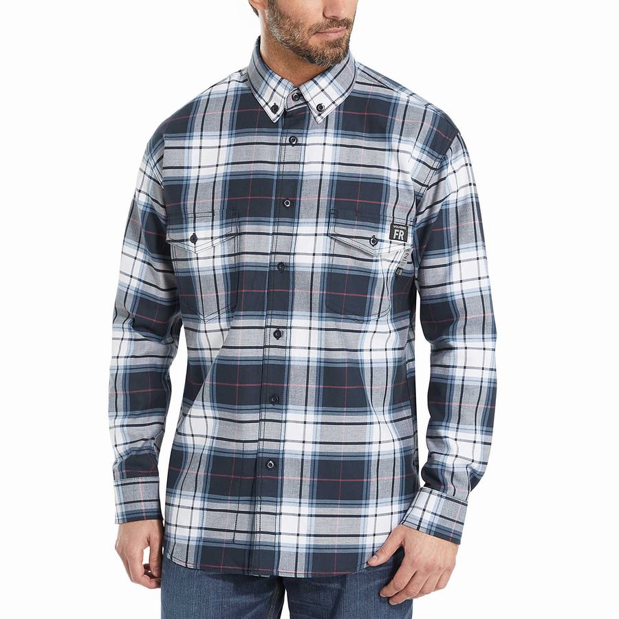 Navy Wolverine FR Plaid Long Sleeve Twill Men Shirts | XTT5749II