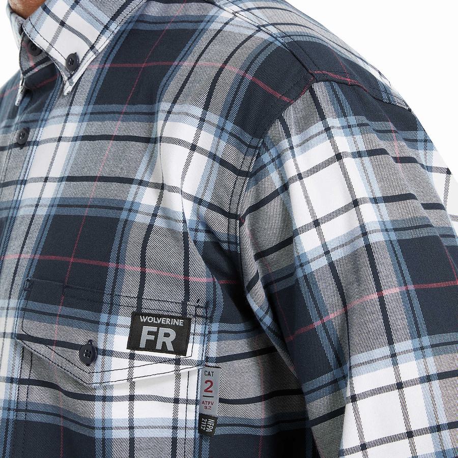 Navy Wolverine FR Plaid Long Sleeve Twill Men Shirts | XTT5749II