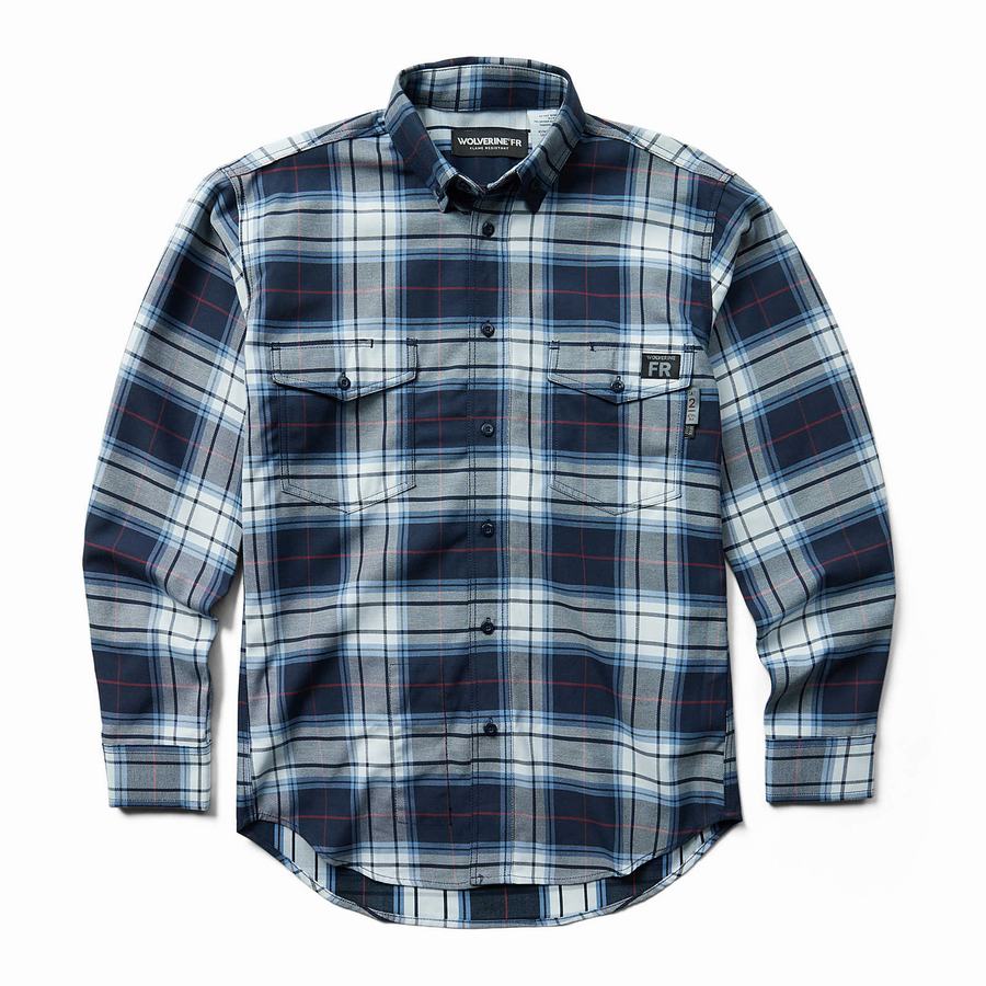 Navy Wolverine FR Plaid Long Sleeve Twill Men Shirts | XTT5749II