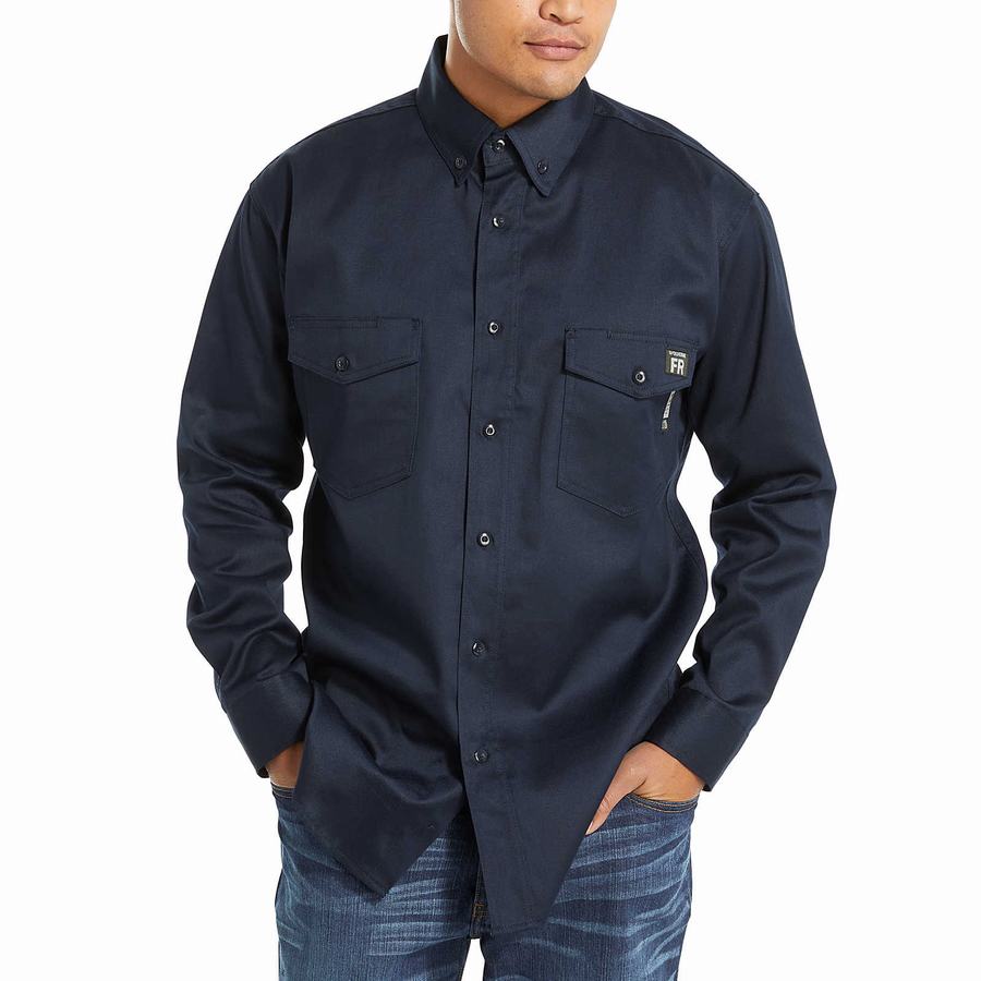 Navy Wolverine FR Twill Long Sleeve Men Shirts | EBE1886IN