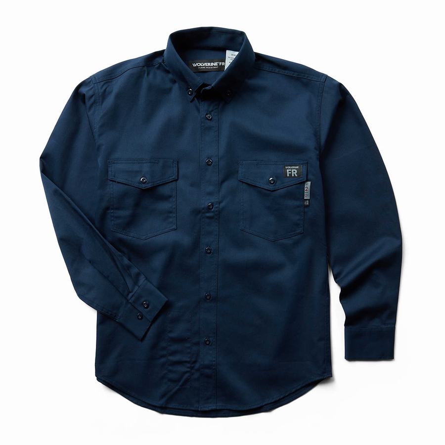 Navy Wolverine FR Twill Long Sleeve Men Shirts | EBE1886IN