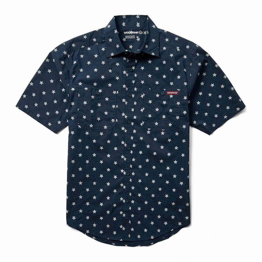 Navy Wolverine Fuse Short Sleeve Print Men Shirts | BMA8297AS