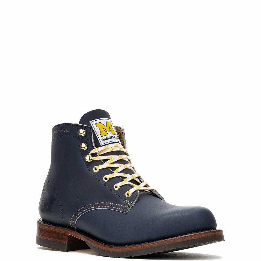 Navy Wolverine x University of Michigan Team #144 Commemorative 1000 Mile Men Work Boots | UJX3124KS