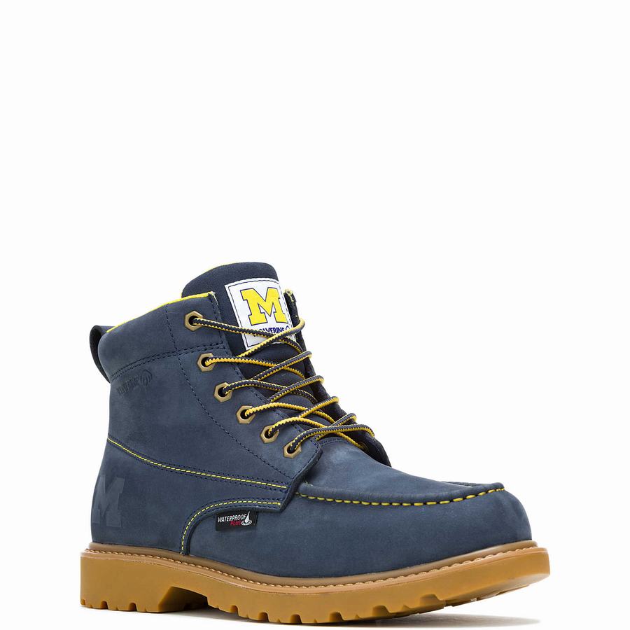 Navy Wolverine x Valiant University of Michigan Floorhand Moc Toe Men Work Boots | LNZ193JY