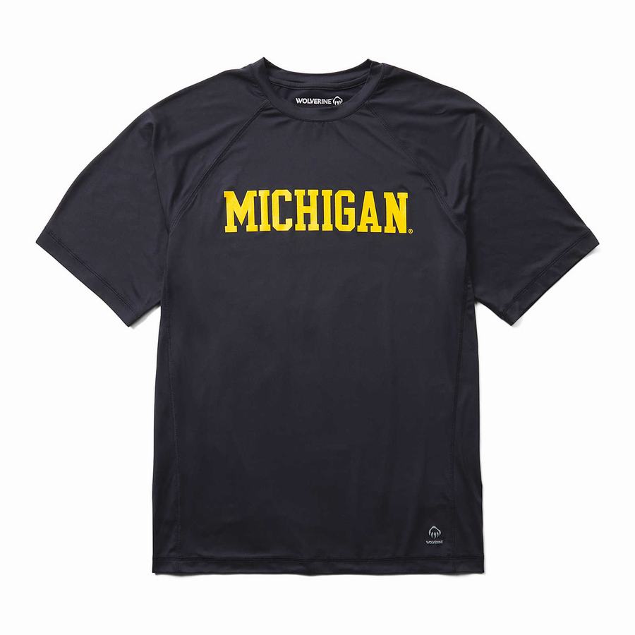 Navy Wolverine x Valiant University of Michigan Sun-Stop Eco Short Sleeve Tee Men T Shirts | AFT372HJ