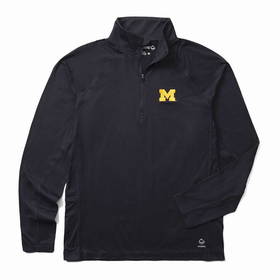 Navy Wolverine x Valiant University of Michigan Sun-Stop Eco Half Zip Men T Shirts | SWF5562KK